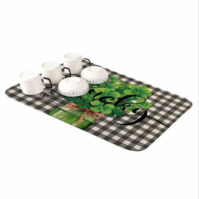 Huotupsine St. Patrick's Day Dish Drying Mats for Kitchen Counter/Sink, Absorbent Bottle Drying Mat, Green Lucky Clovers Black Plaid Rustic Dish Drainer Mat Non-Slip Coffee Mat Dish Drying Pad 12"x16"