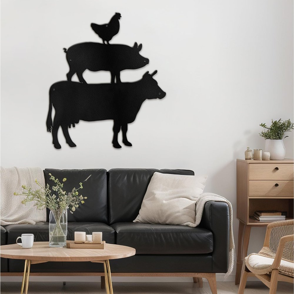 SIGNLEADER Metal Wall Art Decor Chicken, Pig, Cow Minimalist Modern Abstract Wall Sculpture Hangings Home Decoration for Living Room, Bedroom, Bathroom, Kitchen, Outdoor - 36" Black