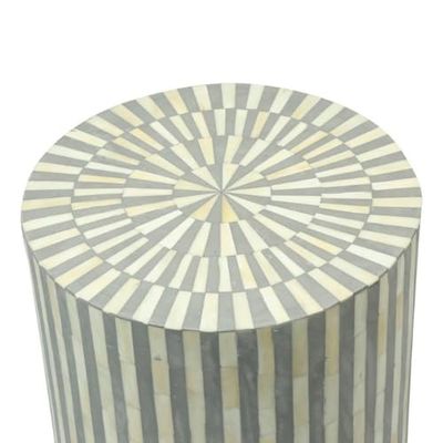 Bone Inlay Stripe Design Round End Table White, Bone Inlay Stripe Design Side TableWhite, Bone Inlay Stool. (46X36X36 inches, Grey)