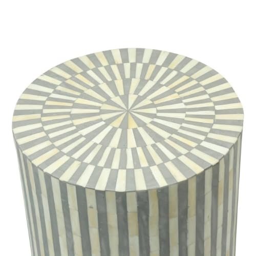 Bone Inlay Stripe Design Round End Table White, Bone Inlay Stripe Design Side TableWhite, Bone Inlay Stool. (46X36X36 inches, Grey)