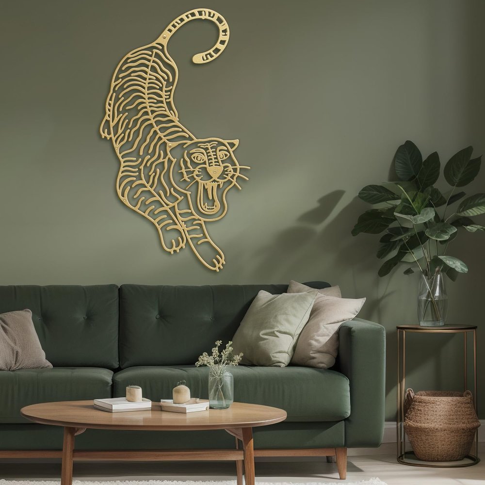 SIGNLEADER Metal Wall Art Decor Tiger Minimalist Modern Abstract Wall Sculpture Hangings Home Decoration for Living Room, Bedroom, Bathroom, Kitchen, Outdoor - 18" Gold