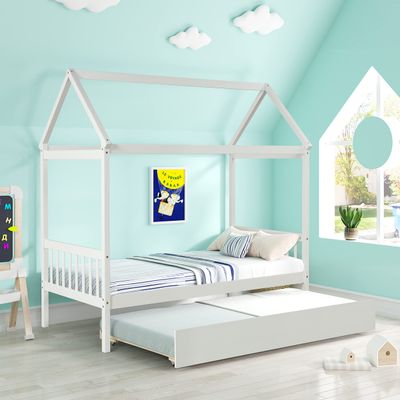 Adigyco Solid Wood Twin House Bed Frame with Twin Size Trundle for White Color, No Box Spring Needed