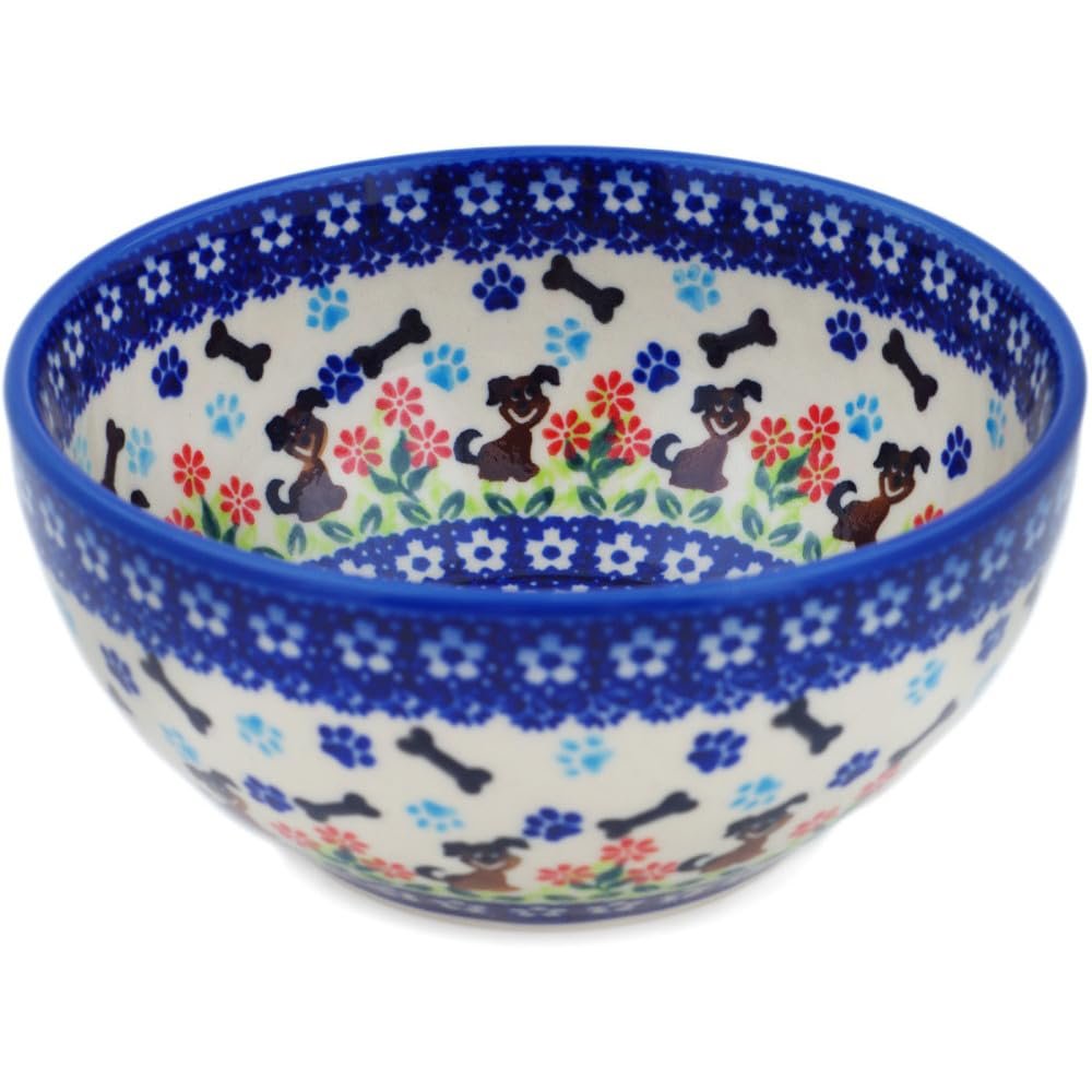 Polmedia Polish Pottery Bowl 6-inch UNIKAT - Puppy Love Pattern Handmade in Boleslawiec Poland by Ceramika Dalia + Certificate of Authenticity