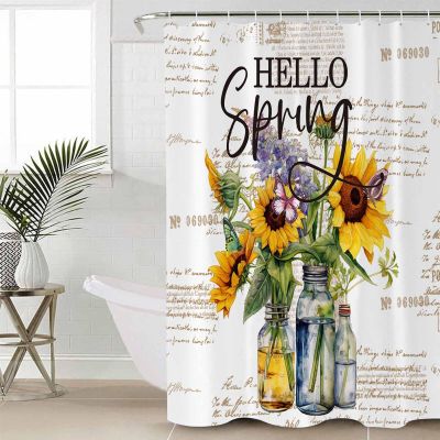 Double Love Sunflower Bottle Bathroom Curtain 78 Inch Shower Curtain with Hooks, Waterproof Polyester Bath Curtain Washable Bathtub Curtain 72''x 78'' Spring Floral Botanical Watercolor White