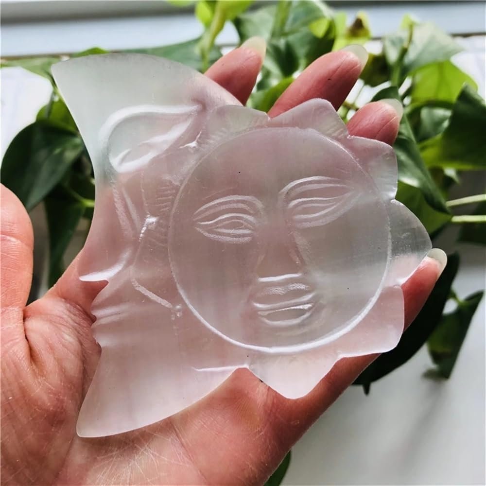 AtkitS Crystal Sun and Moon Gypsum Natural White Selenite Crystal Hand Carved