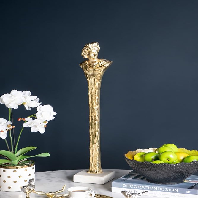 T2 CONCEPT 32 Tall Gold Roman Statue on White Marble Base, Contemporary Accent Figure Statue, Elongated Metal Sculpture for Tabletop, Mantel, Home and Office