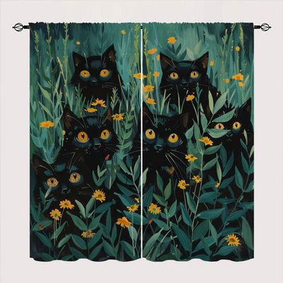 Chaohuan Cute Cat Blackout Curtains for Kid Girls Boys Bedroom, 42" W x 63" L, Flower Plants Kawaii Black Cat Rod Pocket Darkening Thermal Insulated Window Drapes for Bedroom Living Room