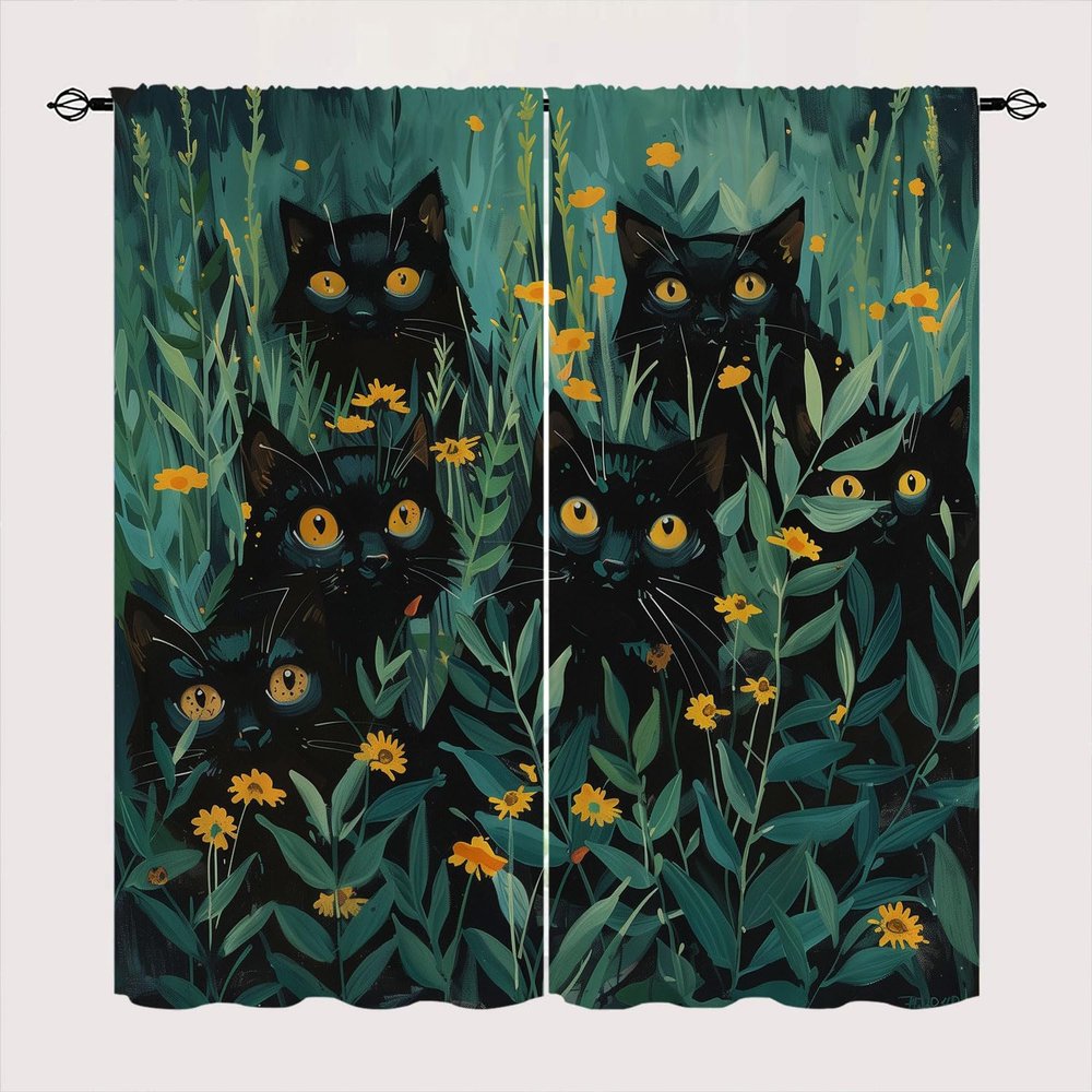 Chaohuan Cute Cat Blackout Curtains for Kid Girls Boys Bedroom, 42" W x 63" L, Flower Plants Kawaii Black Cat Rod Pocket Darkening Thermal Insulated Window Drapes for Bedroom Living Room