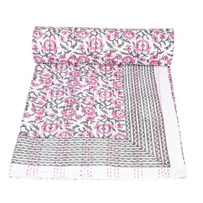 MAVISS HOMES Indian Block Print Kantha Quilt - Queen & King Size, Pink Block, 90 X 108