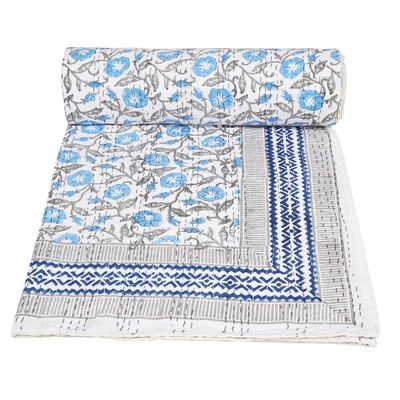 MAVISS HOMES Indian Block Print Quilt Kantha Throw Blanket Queen Size (Turquoise Block, 90 X 108)
