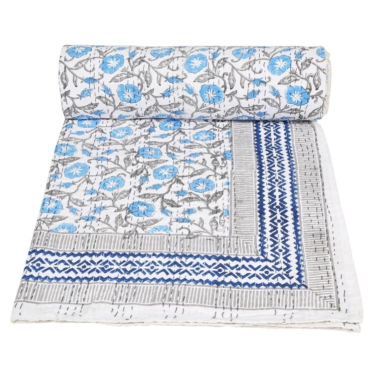MAVISS HOMES Indian Block Print Quilt Kantha Throw Blanket Queen Size (Turquoise Block, 90 X 108)
