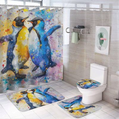 FOCCAFB 4PCS Colorful Penguins Bathroom Set with Rugs and Toilet Lid Cover Abstract Watercolor Animals Waterproof Shower Curtain Set for Bathroom Decor