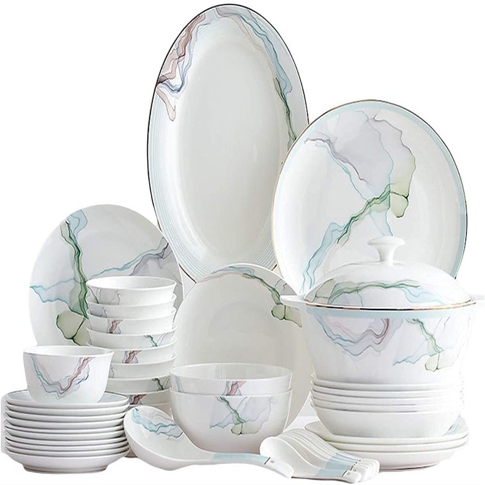 TRQZNLEP Stylish Dinner Set for Luxury Restaurant and Home, 56 Pieces Bone China Dinnerware Set Simple Nordic Style Dinner Set China Tableware Set Dishes Bowls and Plates for 6-10 People Kitchenware