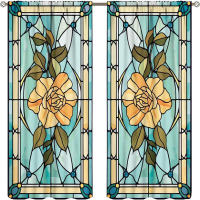 ZhiRain Stained Glass Style Floral Curtains Boho Plant Stained Glass Curtain with Rod Pocket for Bedroom Living Room Home Decor Drapes Window Treatments 2 Panels Set 52" W X 84" L