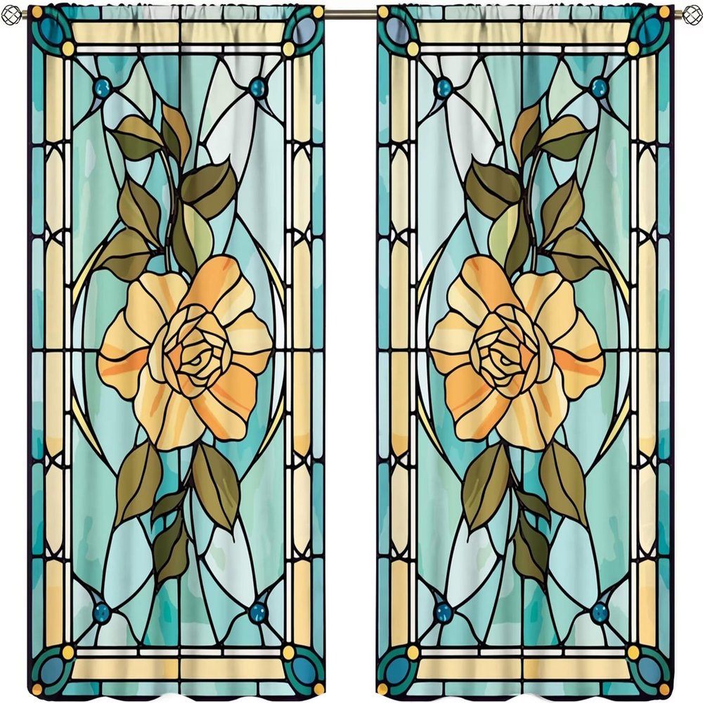 ZhiRain Stained Glass Style Floral Curtains Boho Plant Stained Glass Curtain with Rod Pocket for Bedroom Living Room Home Decor Drapes Window Treatments 2 Panels Set 52" W X 84" L