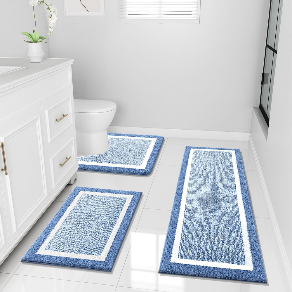 OLANLY Bathroom Rugs Sets 3 Piece, Soft Absorbent Microfiber Bath Mats and U-Shaped Contour Toilet Rug, Home Decor Accessories, Non-Slip, Bath Mat Set for Bathroom (47"x20"+24"x16"+24"x20", Blue)