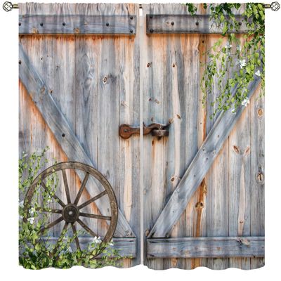 AAVEUP Barn Door Blackout Curtains for Kitchen,Vintage Western Rustic Farmhouse Old Wagon Wheel Greenery Wooden Door Window Drapes Print for Boys Girls Bedroom Living Room Bathroom 52x84in