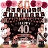 Eucutur 42PCS 40th Birthday Decoration Kit for Women, Rose Gold Happy 40th Bday Banner Balloons Honeycomb Centerpiece Swirl Paper Pompoms Party Supplies, 40 Bday Sash Table Cake Topper Swirls Set view 1