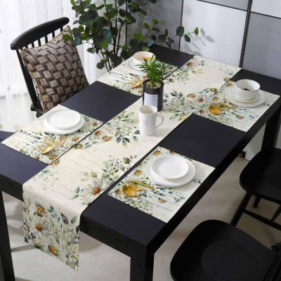 Eucalyptus Flower Table Mats Set of 6 With Table Runner 72 Inches Long,Linen Tablerunner Burlap Kitchen Dining Placemats for Party/Wedding/Coffee/Dress Party,Sage Green Leaf Vintage Floral Botanical