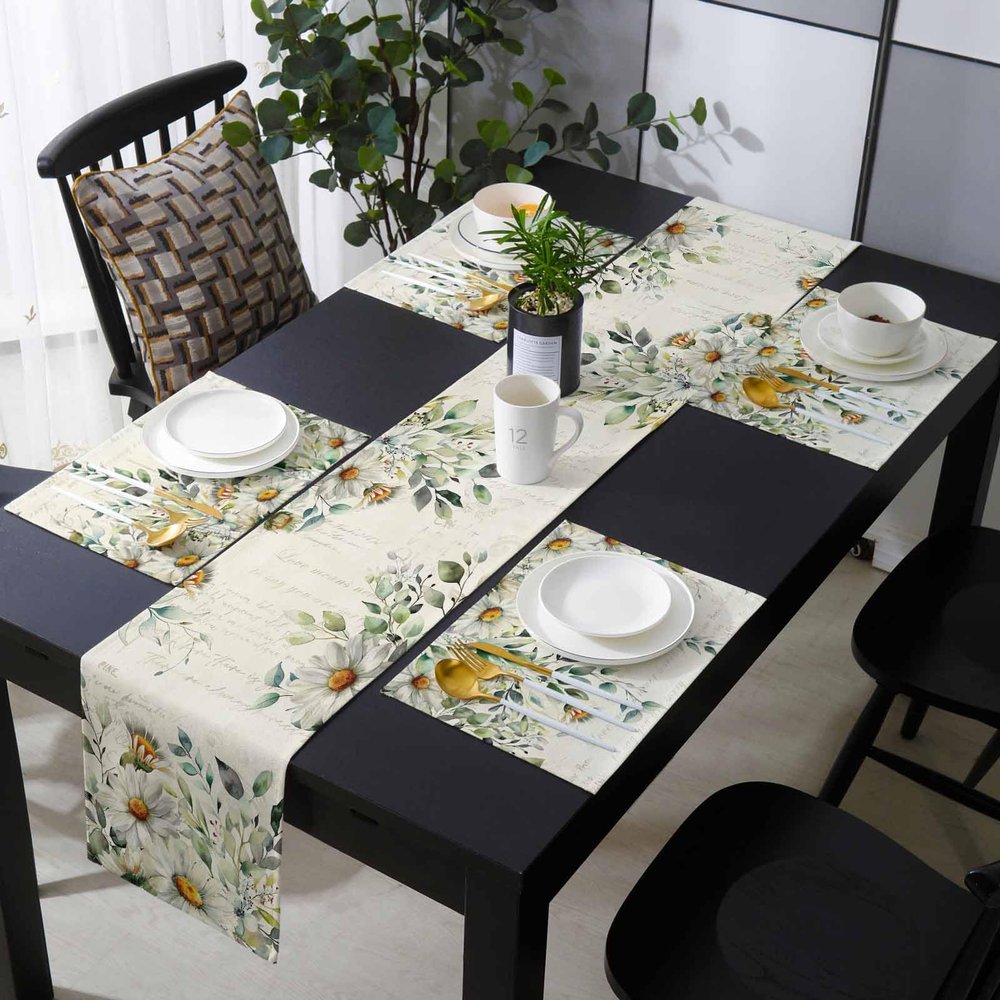 Eucalyptus Flower Table Mats Set of 6 With Table Runner 72 Inches Long,Linen Tablerunner Burlap Kitchen Dining Placemats for Party/Wedding/Coffee/Dress Party,Sage Green Leaf Vintage Floral Botanical