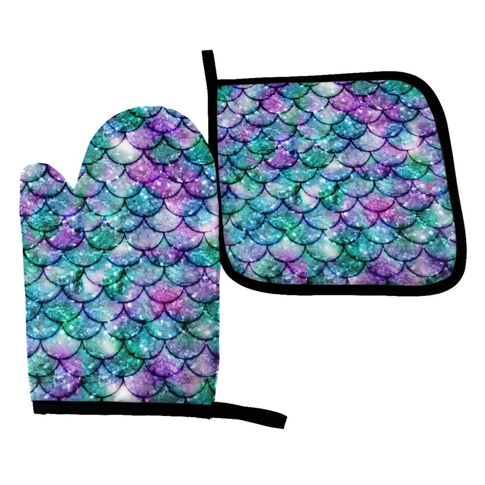 Abucaky Mermaid Scales Oven Mitts and Pot Holders Insulated Gloves & Kitchen Counter Safe Mats for Cooking BBQ Baking Grilling (2-Piece Set)