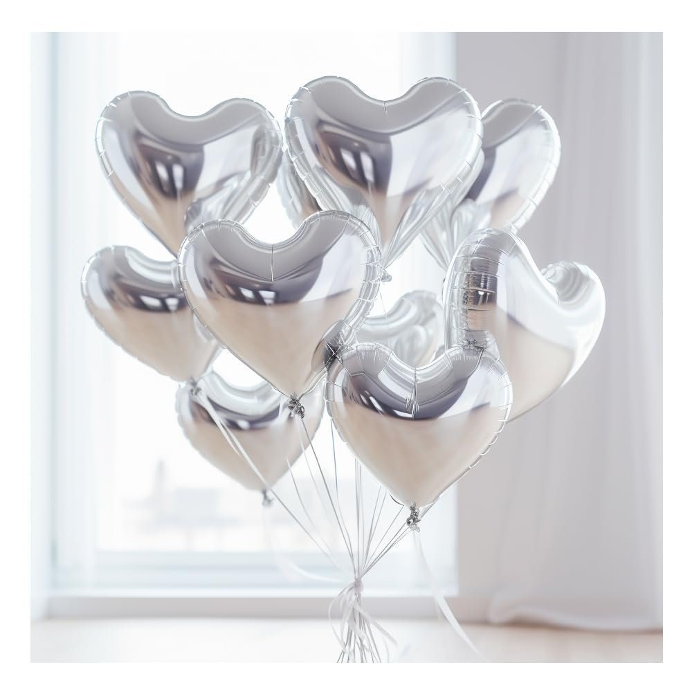 12 Pcs Silver Heart Shape Foil Mylar Balloons 18 Inch Love Balloons for Valentine's Day Birthday Party Decorations For Propose Marriage Wedding Bridal Shower Engagement Party Decorations (Silver)