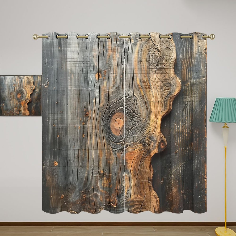 Wood Rustic Blackout Curtains for Girls Boy Home Decor, Wooden Plank Brown Western Country Lodge Grommet Thermal Insulated Drapes Darkening Window Curtain for Bedroom Living Room, 63 x 63 Inch