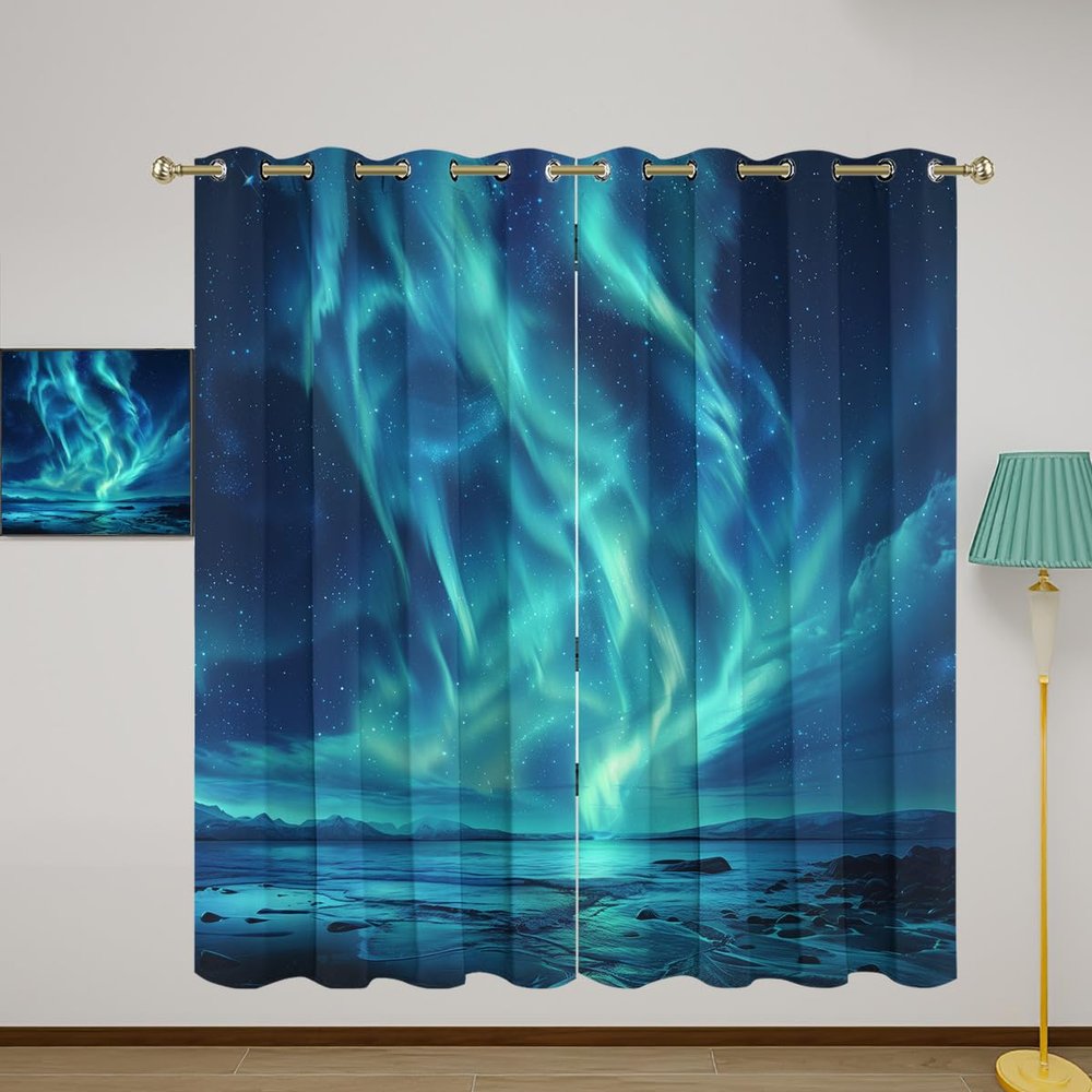 Aurora Blackout Curtains for Girls Boy Home Decor, Northern Alaska Blue Natural Northern Lights Grommet Thermal Insulated Drapes Darkening Window Curtain for Bedroom Living Room, 63 x 63 Inch
