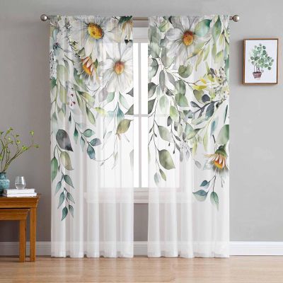 2 PCS Eucalyptus Semi-Sheer Chiffon Curtains 72 Inches Long,Rod Pocket Voile Curtain Panels Window Drape Curtains for Living Room/Bedroom/Kitchen,Green Leaves Flower Watercolor Floral Spring 104x72