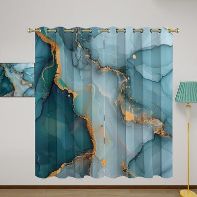 Marble Pattern Blackout Curtains for Girls Boy Home Decor, Colorful Art Teal Modern Crack Ink Grommet Thermal Insulated Drapes Darkening Window Curtain for Bedroom Living Room, 42 x 63 Inch