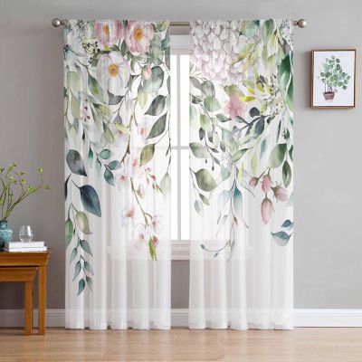 2 PCS Eucalyptus Sage Green Semi-Sheer Chiffon Curtains 84 Inches Long,Rod Pocket Voile Curtain Panels Window Drape Curtains for Living Room/Bedroom/Kitchen,Farmhouse Pastoral Pink Floral Leaf 104x84