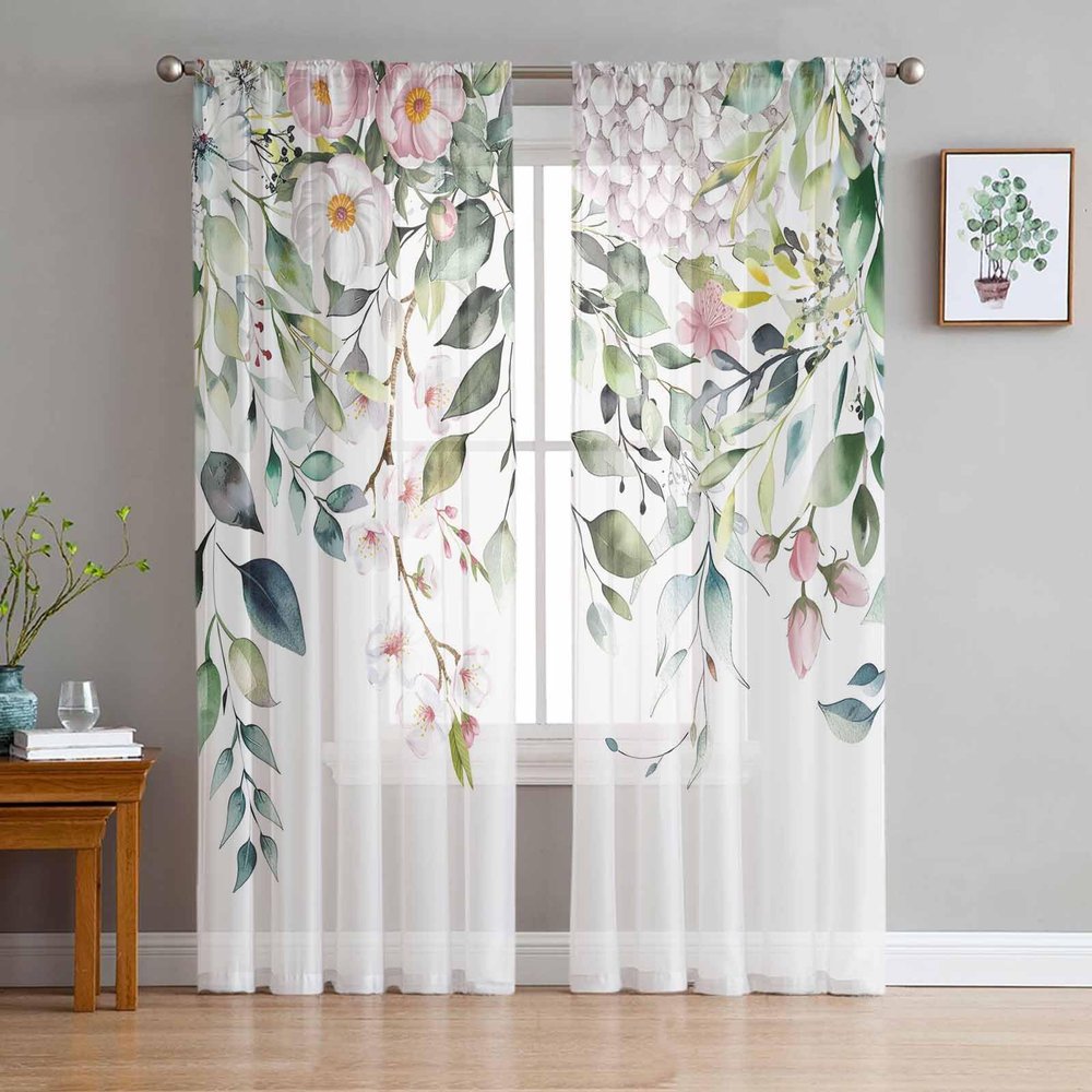 2 PCS Eucalyptus Sage Green Semi-Sheer Chiffon Curtains 84 Inches Long,Rod Pocket Voile Curtain Panels Window Drape Curtains for Living Room/Bedroom/Kitchen,Farmhouse Pastoral Pink Floral Leaf 104x84