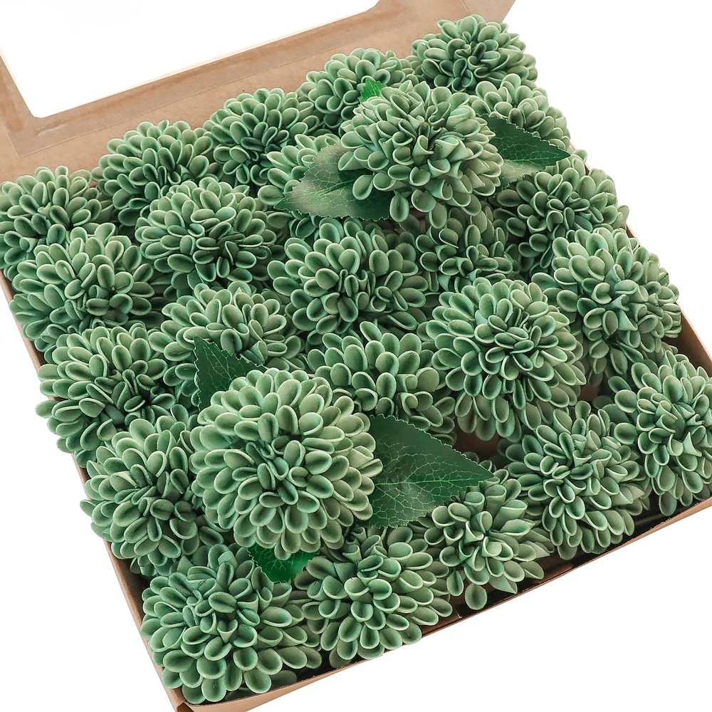 Floroom Artificial Dahlia Flowers 25pcs Real Looking Elf Green Foam Fake Roses with Stems for DIY Wedding Bouquets Bridal Shower Centerpieces Floral Arrangements Party Tables Home Decoration