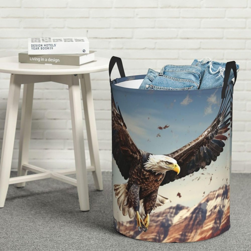 Laundry Basket Waterproof Laundry Hamper for Bathroom An eagle flies over Laundry Baskets Circular Storage Basket with Handles Lightweight Dirty Clothes Hamper for Bedroom Dorm