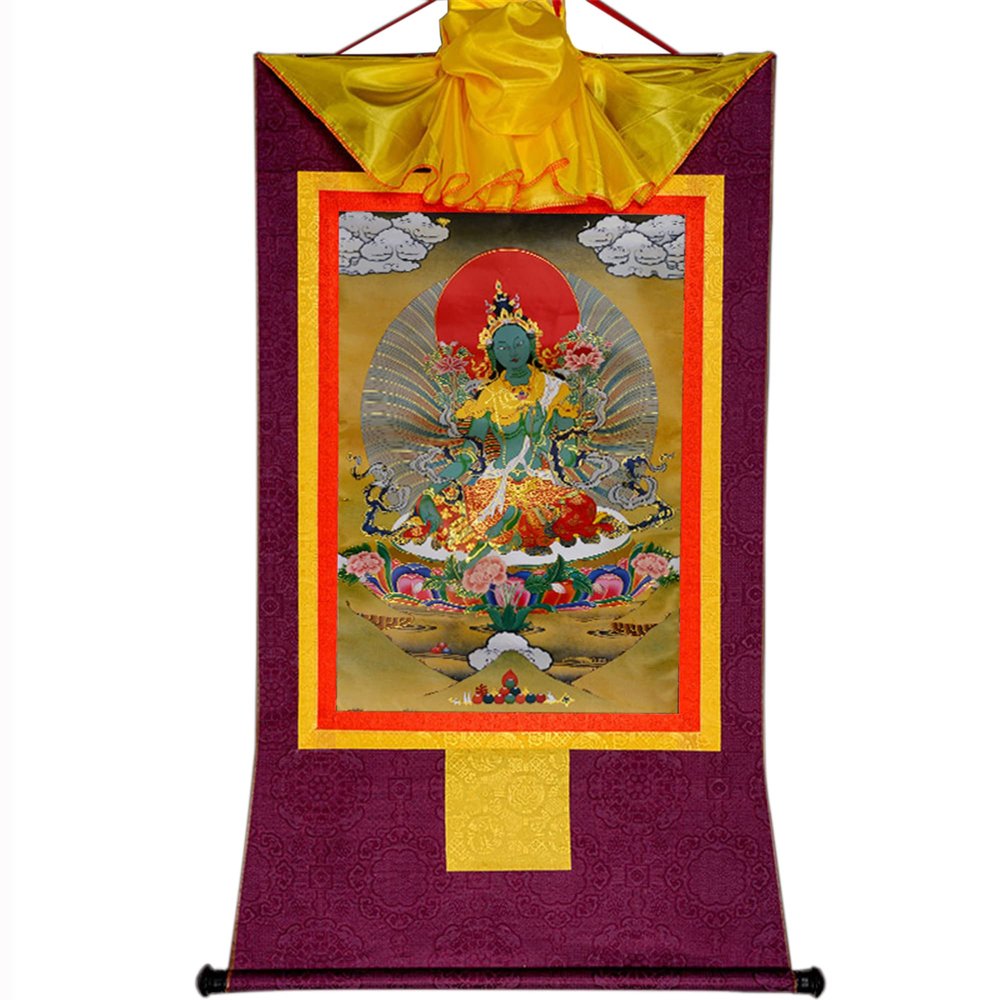 Buddhist banner, Tibetan thangka,thangka painting,buddhist tapestry,Tantric Tibetan Buddhist Thangka Wall Hanging,Green Tara,Khadiravani,Jetsun Dolma,Hot Stamping Brocade Buddhist Tapestry for Zen Hom