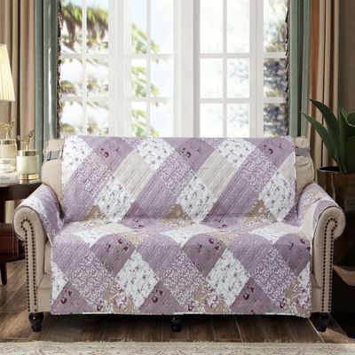 Brilliant Sunshine Lilac and Beige Rose Patchwork Couch Cover, Quilted Large Sofa Slipcover, 70" Seat Width, Slip Resistant Furniture Protector, 2" Strap, Washable Couch Cover for Kids, Dogs, Lilac
