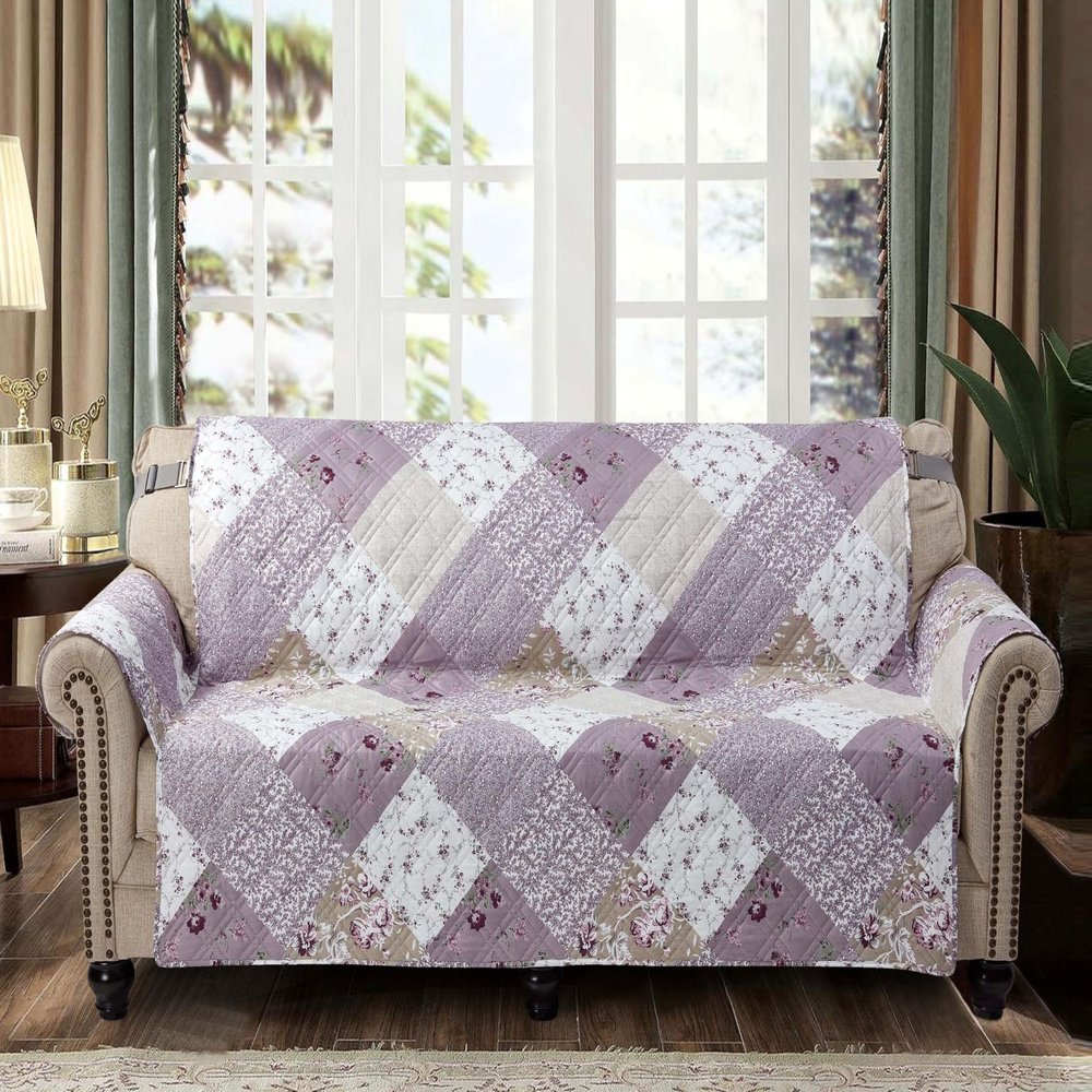 Brilliant Sunshine Lilac and Beige Rose Patchwork Couch Cover, Quilted Large Sofa Slipcover, 70" Seat Width, Slip Resistant Furniture Protector, 2" Strap, Washable Couch Cover for Kids, Dogs, Lilac