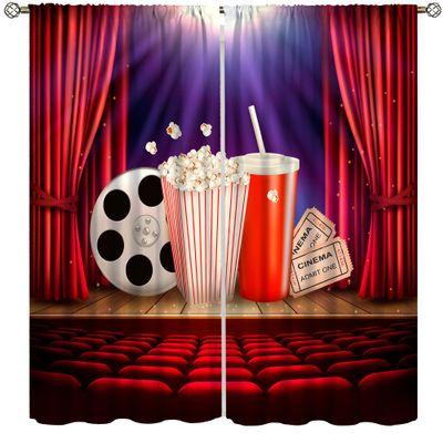 AAVEUP Movie Time Blackout Curtains, Red Vintage Theater Curtains with Film Popcorn Drinks Window Drapes Print for Boys Girls Screening Room Living Room 84x84in