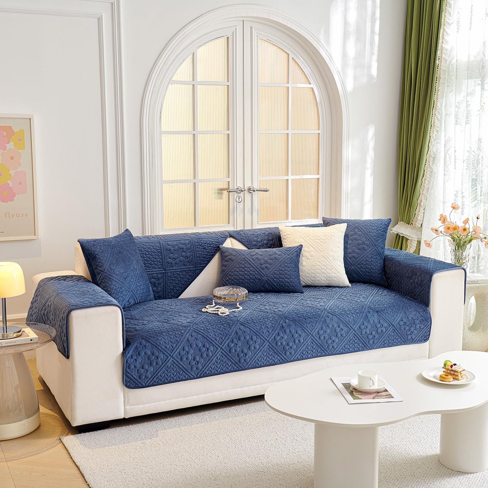 vctops Soft Velvet Sofa Cover Farmhouse Floral Quilted Sectional Couch Covers Non Slip Washable Couch Cover Sofa Slipcover for Dogs, Children, Pets, 1 Piece/Not All Set (Dark Blue,27"x27")