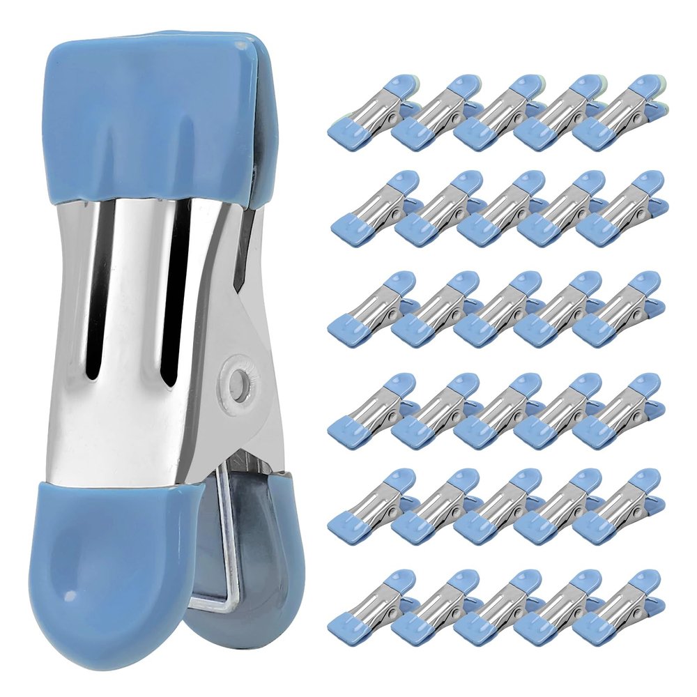 Clothes Pins Heavy Duty 30 Pack - 2.17 Inch Metal Chip Clips, Clothespins for Photo Drying Clothesline Laundry Sock, Bag Clips for Food Kitchen Stainless Steel with Rubber, Blue