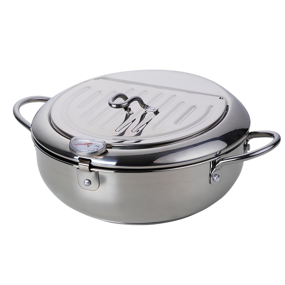Xgxoz Deep Fryer Pot Japanese Stainless Steel Tempura Small Deep Fryer Frying Pot with Thermometer Lid and Oil Drip Drainer Rack for French Fries Shrimp Chicken Wings,Stainless Steel
