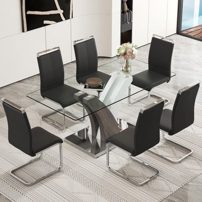 LUFTUT Glass Dining Table Set for 6,71" Dining Table for 6 with Chairs,Modern Kitchen Table with Tempered Glass Top and DIY Arrangement Legs,Dining Room Table Set Ideal for Living Room