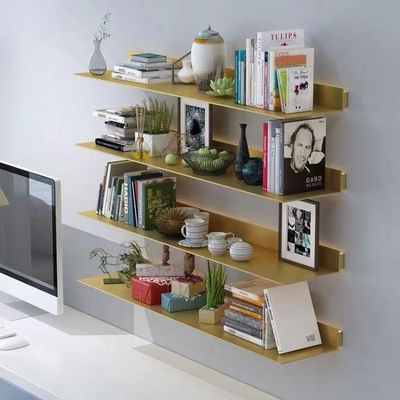 MOFGOE 1 Piece Wall Floating Display Shelf with Built-in Illuminated LED Light, Metal Wall Mounted Light Emitting Book Shelves, Lighting Shelf for Commercial Bar, Living Room Bathroom,Gold,70.9in