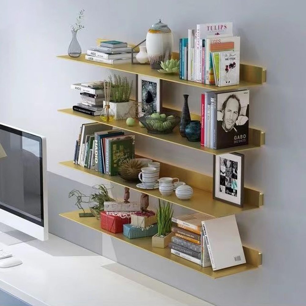 MOFGOE 1 Piece Wall Floating Display Shelf with Built-in Illuminated LED Light, Metal Wall Mounted Light Emitting Book Shelves, Lighting Shelf for Commercial Bar, Living Room Bathroom,Gold,70.9in