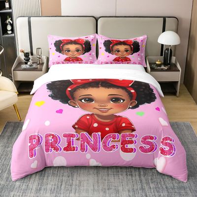 Black Cute Girly 100% Natural Cotton Duvet Cover King American Style Princess Bedding Sets Red Polka Dot Red Bow Comforter Cover Cartoon Girl Bedding Ultra with 2 Pillowcases(No Comforter)