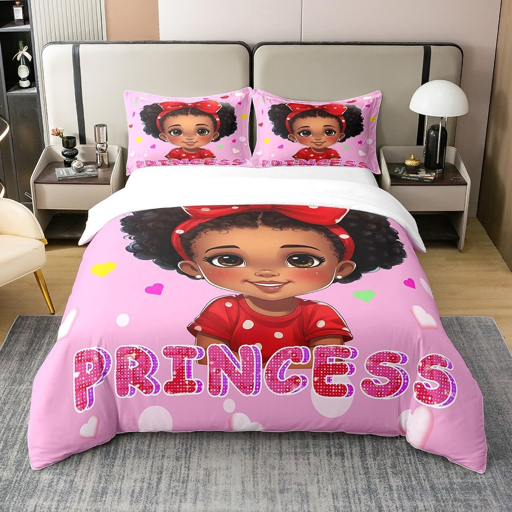 Black Cute Girly 100% Natural Cotton Duvet Cover King American Style Princess Bedding Sets Red Polka Dot Red Bow Comforter Cover Cartoon Girl Bedding Ultra with 2 Pillowcases(No Comforter)