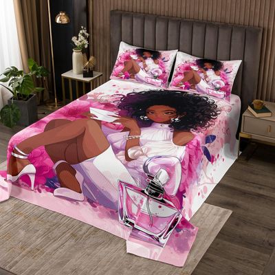 Manfei Black Princess Bedspread Queen Size,Flowers High-Heels Perfume Coverlet Set,Girls Women Room Decor,African American Theme Woman Quilted Coverlet,Pink Romantic Bedding Quilt,2 Pillowcases