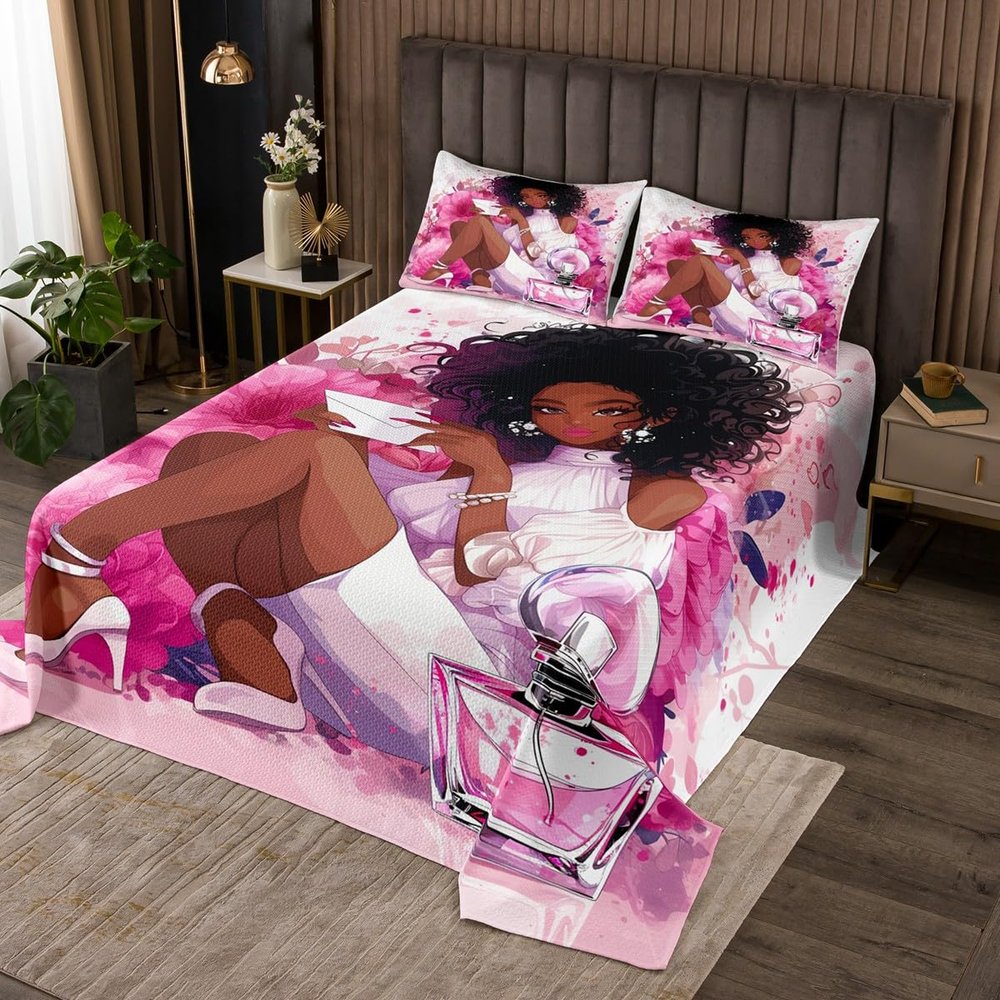 Manfei Black Princess Bedspread Queen Size,Flowers High-Heels Perfume Coverlet Set,Girls Women Room Decor,African American Theme Woman Quilted Coverlet,Pink Romantic Bedding Quilt,2 Pillowcases