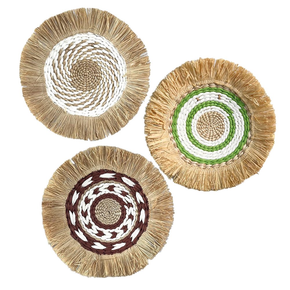 MINGZHE Wall Basket Decor Set of 3, Woven Basket Wall Decor, Modern Hanging Wall Basket, Handmade Decorative Basket for Wall Decor, Table Centerpiece, boho wall decor(White green)