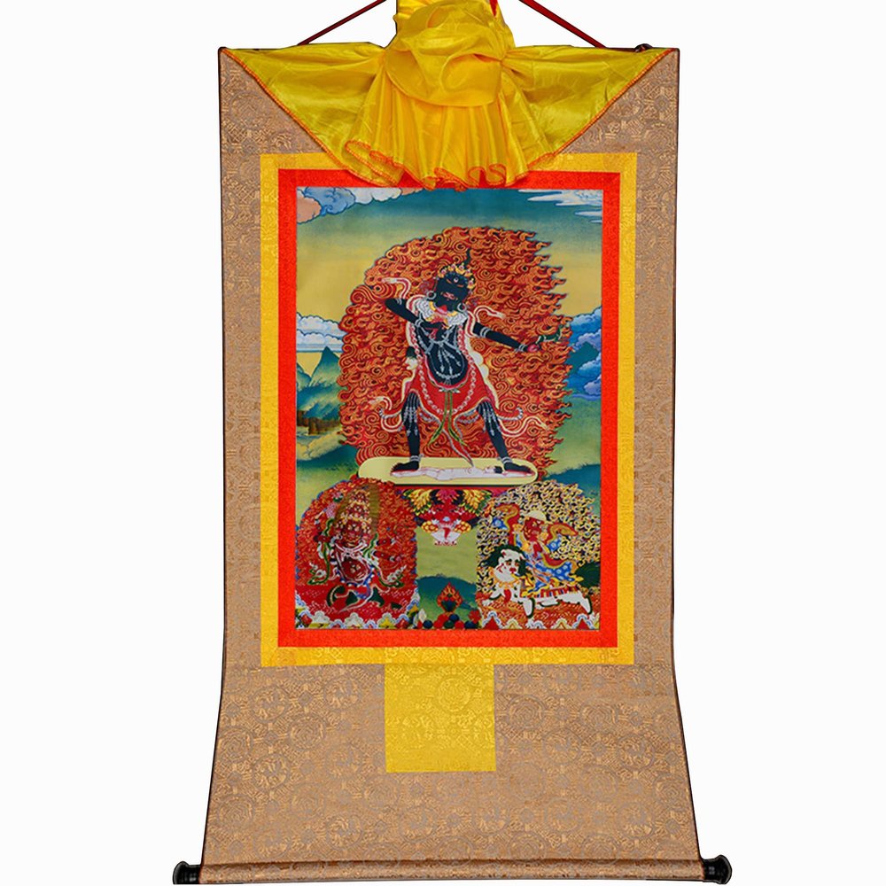 buddha tapestry, Tibetan thangka,thangka painting,buddhist tapestry,Three Dharmapalas of The Gelugpa,Palden Lhamo,Mahakala,Yamantaka, Tibetan Thangka Painting Art,Buddhist Thangka Brocade,Buddha Tapes